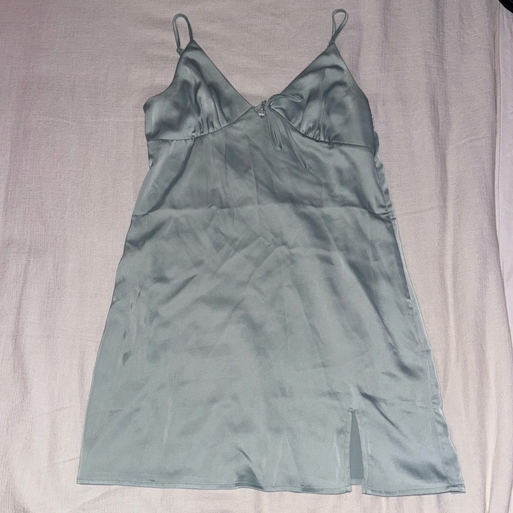 Garage Light Blue / Teal Satin Tie Mini Dress with Slit